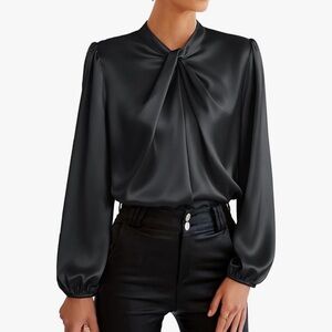 GRACE KARIN Women's Black Long Sleeve Satin Silky Twist-Neck Blouse - S NWT